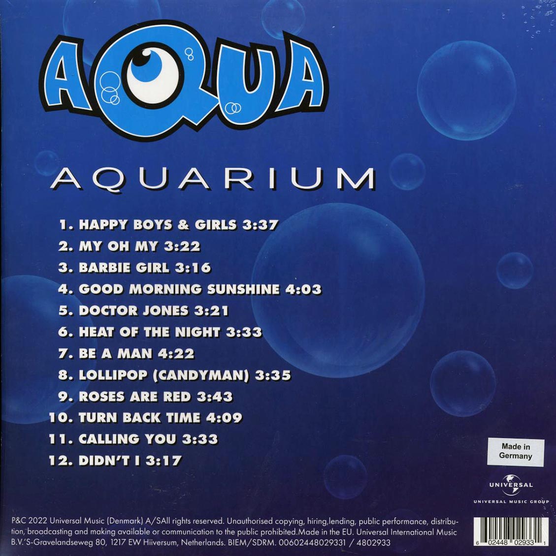 Aqua - Aquarium (25th Anniv. Ed.) (ltd. ed.) vinyl LP back cover
