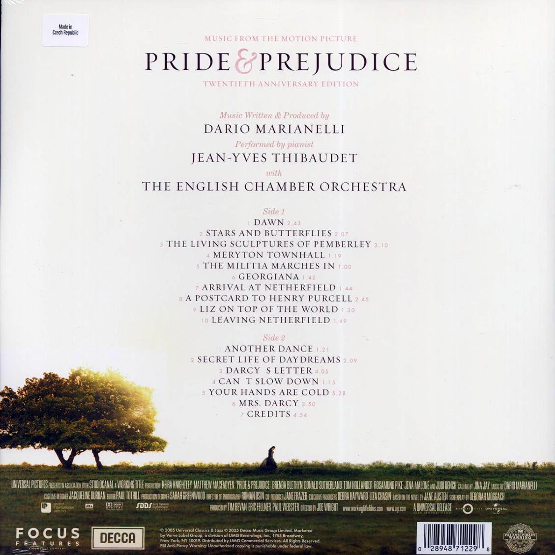 Dario Marianelli, Jean-Yves Thibaudet - Pride & Prejudice: Music From The Motion Picture (Twentieth Anniversary Edition) (ltd. ed.) (pink/baby blue swirl) vinyl LP back cover