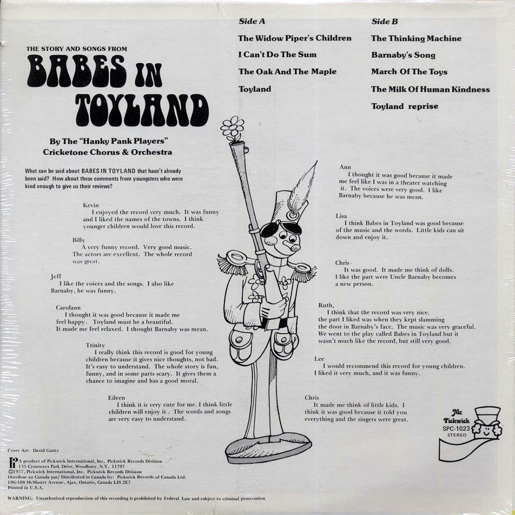 Hanky Panky Players, The Cricketone Chorus Orchestra - The Story And Songs From Babes In Toyland (1977 FIRST PRESS) (orig. press) vinyl LP back cover