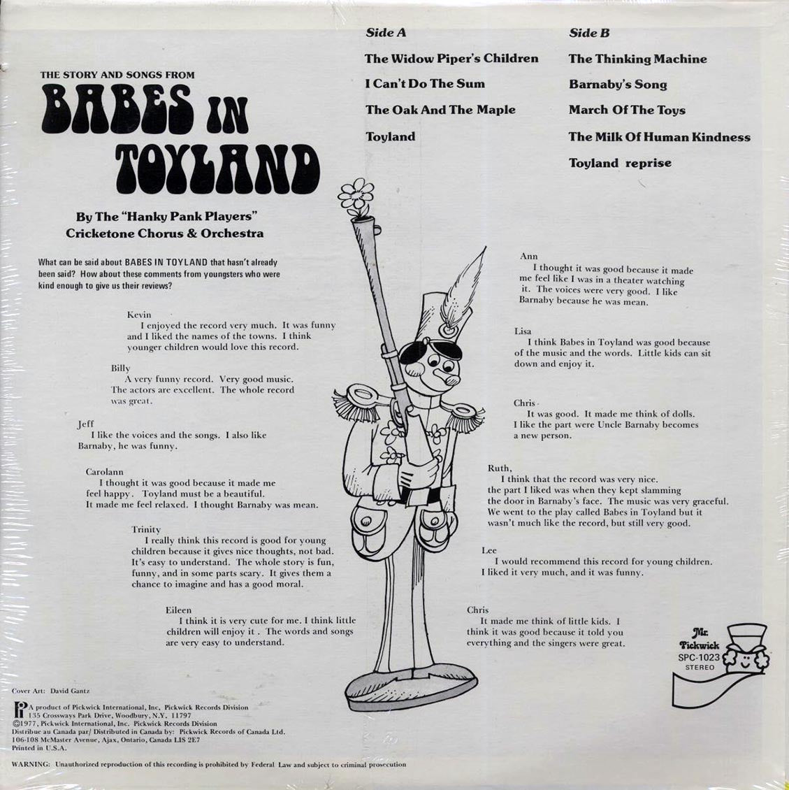 Hanky Panky Players, The Cricketone Chorus Orchestra - The Story And Songs From Babes In Toyland (1977 FIRST PRESS) (orig. press) vinyl LP back cover