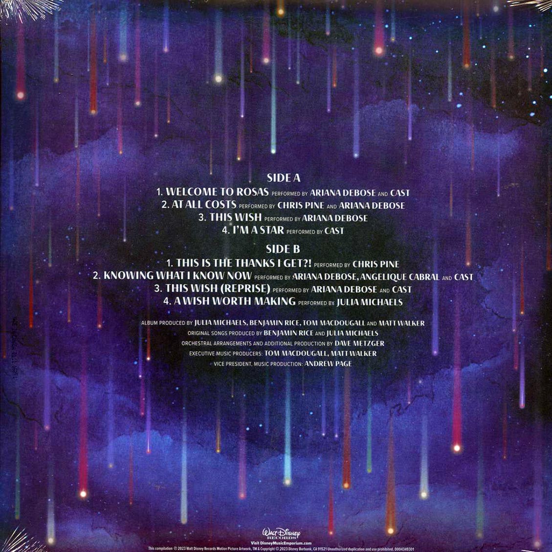 Ariana Debose, Chris Pine, Angelique Cabral, Julia Michaels - Wish: Original Motion Picture Soundtrack (ltd. ed.) (blue splatter vinyl) vinyl LP back cover