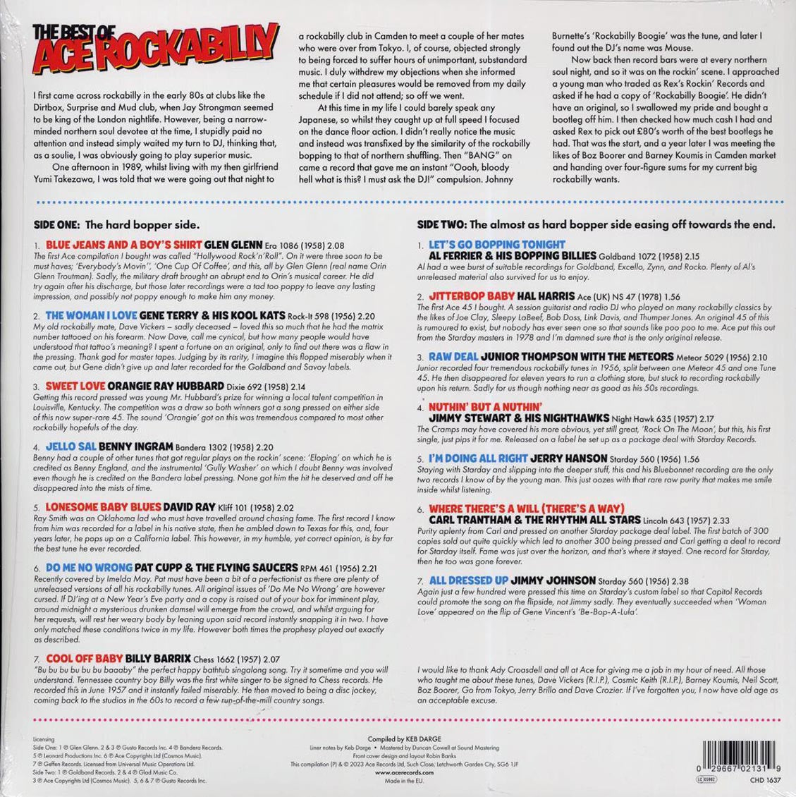 Pat Cupp & The Flying Saucers, Orangie Ray Hubbard, Gene Terry & His Kool Kats, Etc. - The Best Of Ace Rockabilly: 14 Raw And Rare Rockabilly Tracks Hand Selected By Keb Darge (180g) vinyl LP back cover