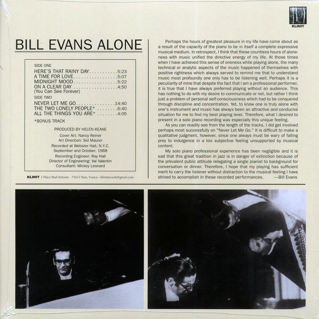Bill Evans - Alone (+2 bonus tracks) (white vinyl) vinyl LP back cover