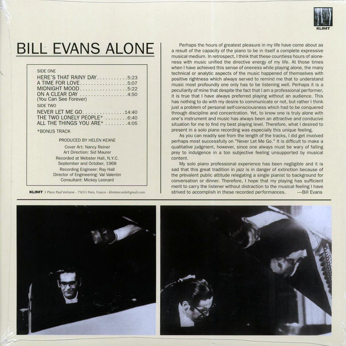 Bill Evans - Alone (+2 bonus tracks) (white vinyl) vinyl LP back cover