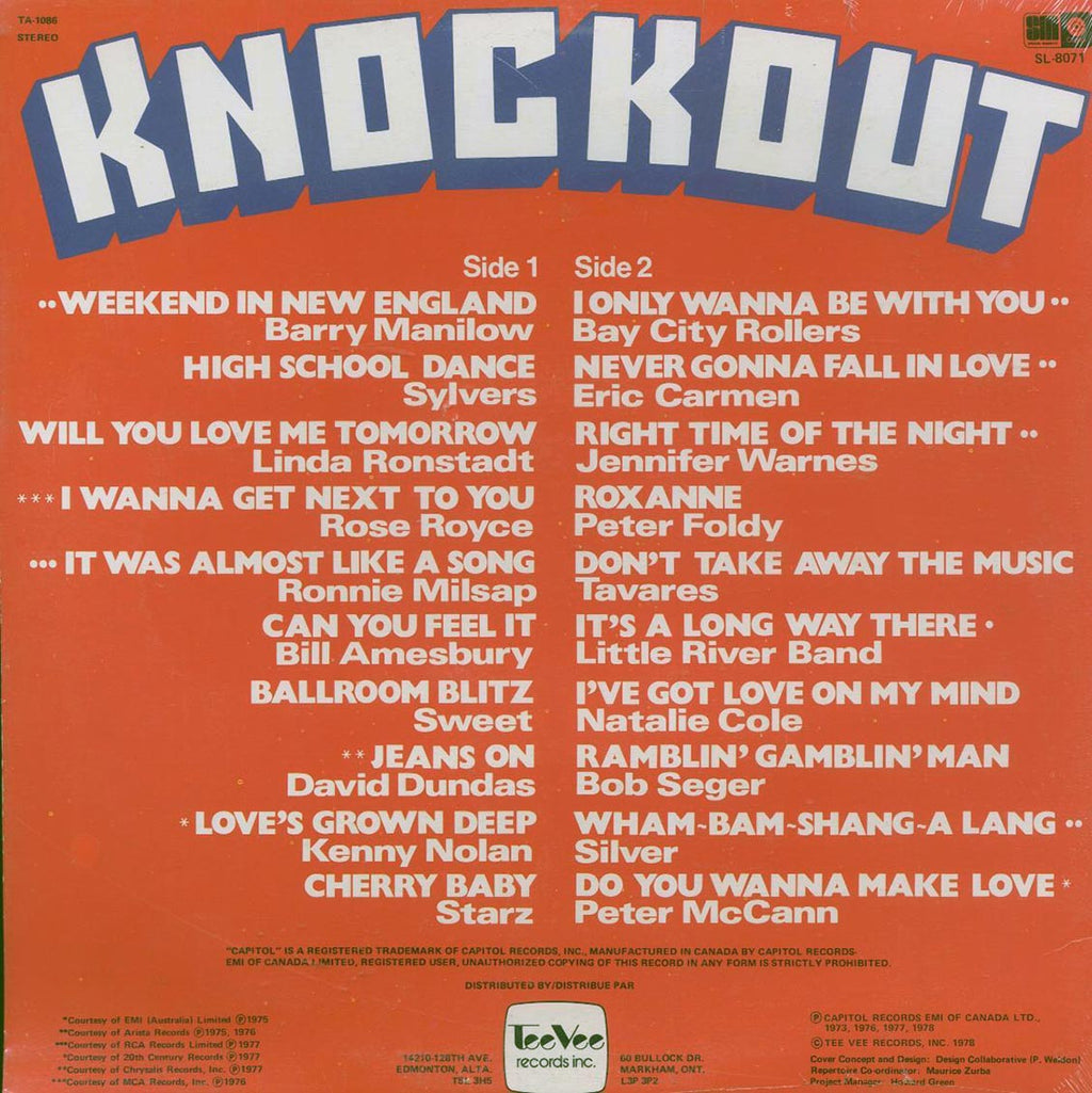 Linda Ronstadt, Bay City Rollers, Little River Band, Etc. - Knockout Round II vinyl LP back cover