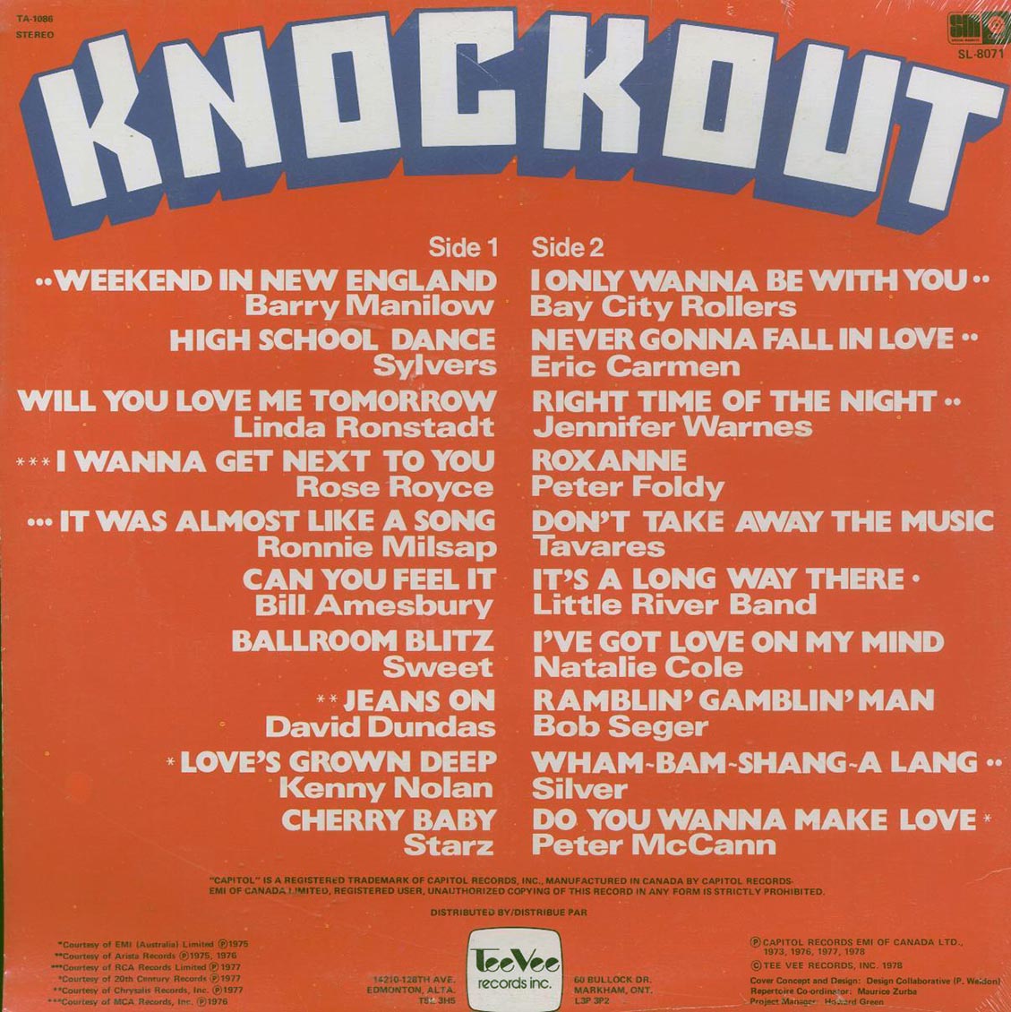 Linda Ronstadt, Bay City Rollers, Little River Band, Etc. - Knockout Round II vinyl LP back cover