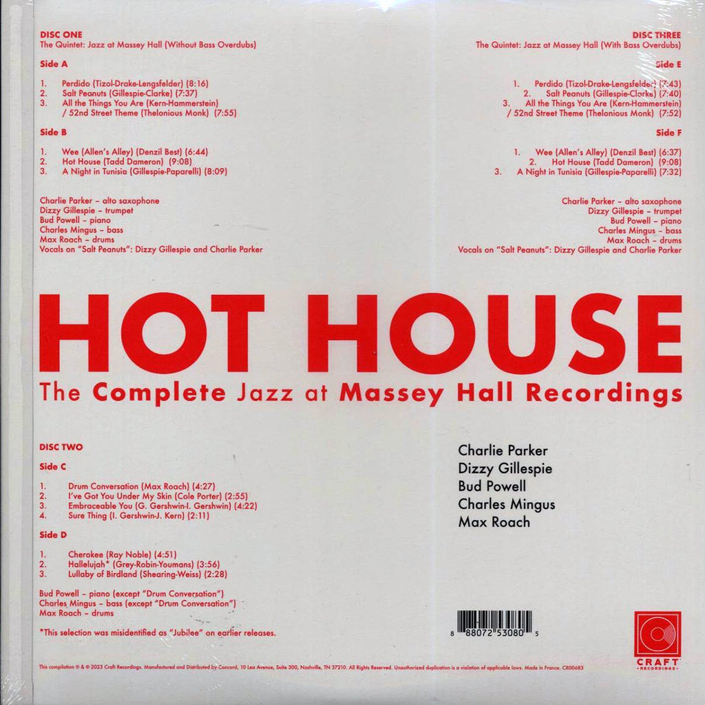Charlie Parker, Dizzy Gillespie, Bud Powell, Charles Mingus, Max Roach - Hot House: The Complete Jazz At Massey Hall Recordings (Live 1953) (ltd. ed.) (3xLP) (box set) (180g) vinyl LP back cover