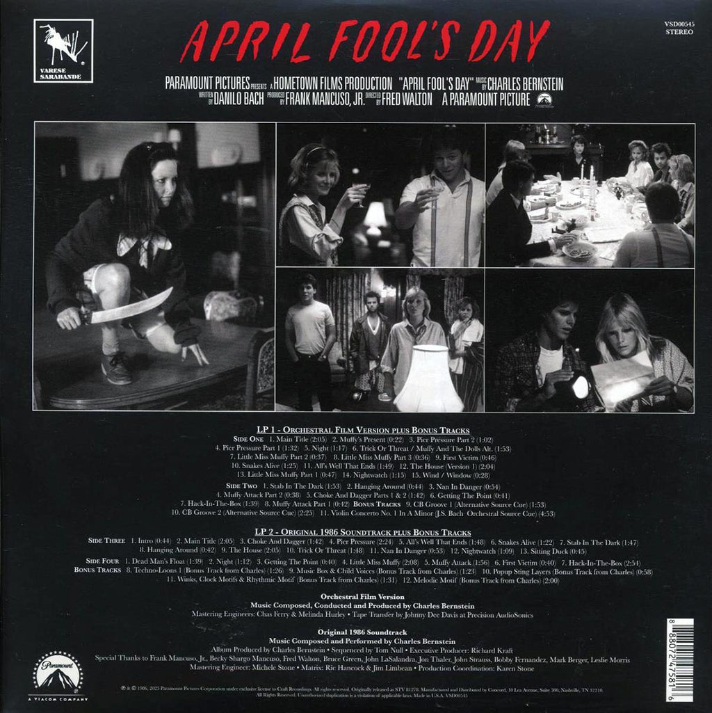 Charles Bernstein - April Fool's Day: Original Motion Picture Soundtrack (+bonus tracks) (2xLP) (expanded edition) (spot-varnished jacket) vinyl LP back cover