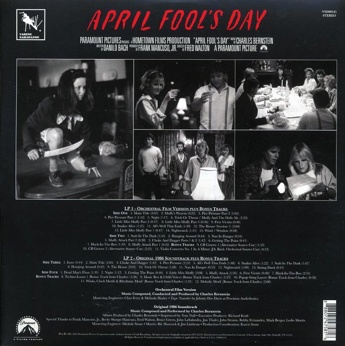 Charles Bernstein - April Fool's Day: Original Motion Picture Soundtrack (+bonus tracks) (2xLP) (expanded edition) (spot-varnished jacket) vinyl LP back cover