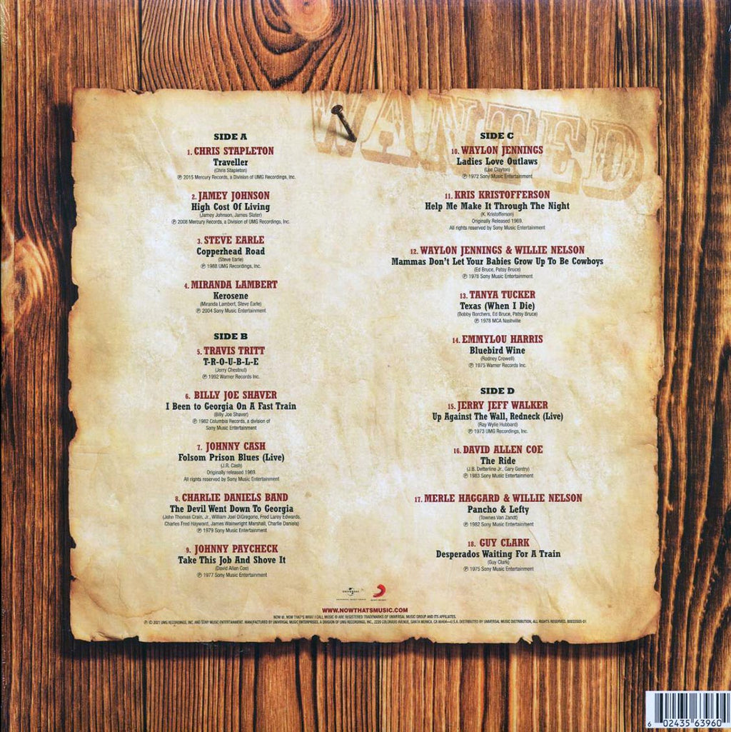 Chris Stapleton, Jamey Johnson, The Charlie Daniels Band, Johnny Cash, Merle Haggard, Etc. - Now That's What I Call Outlaw Country (2xLP) (maroon vinyl) vinyl LP back cover