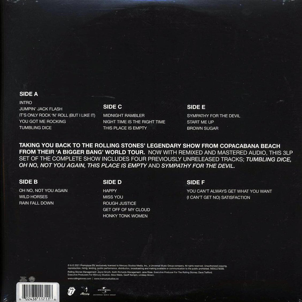 The Rolling Stones - A Bigger Bang: Live On Copacabana Beach (3xLP) (180g) (clear vinyl) vinyl LP back cover