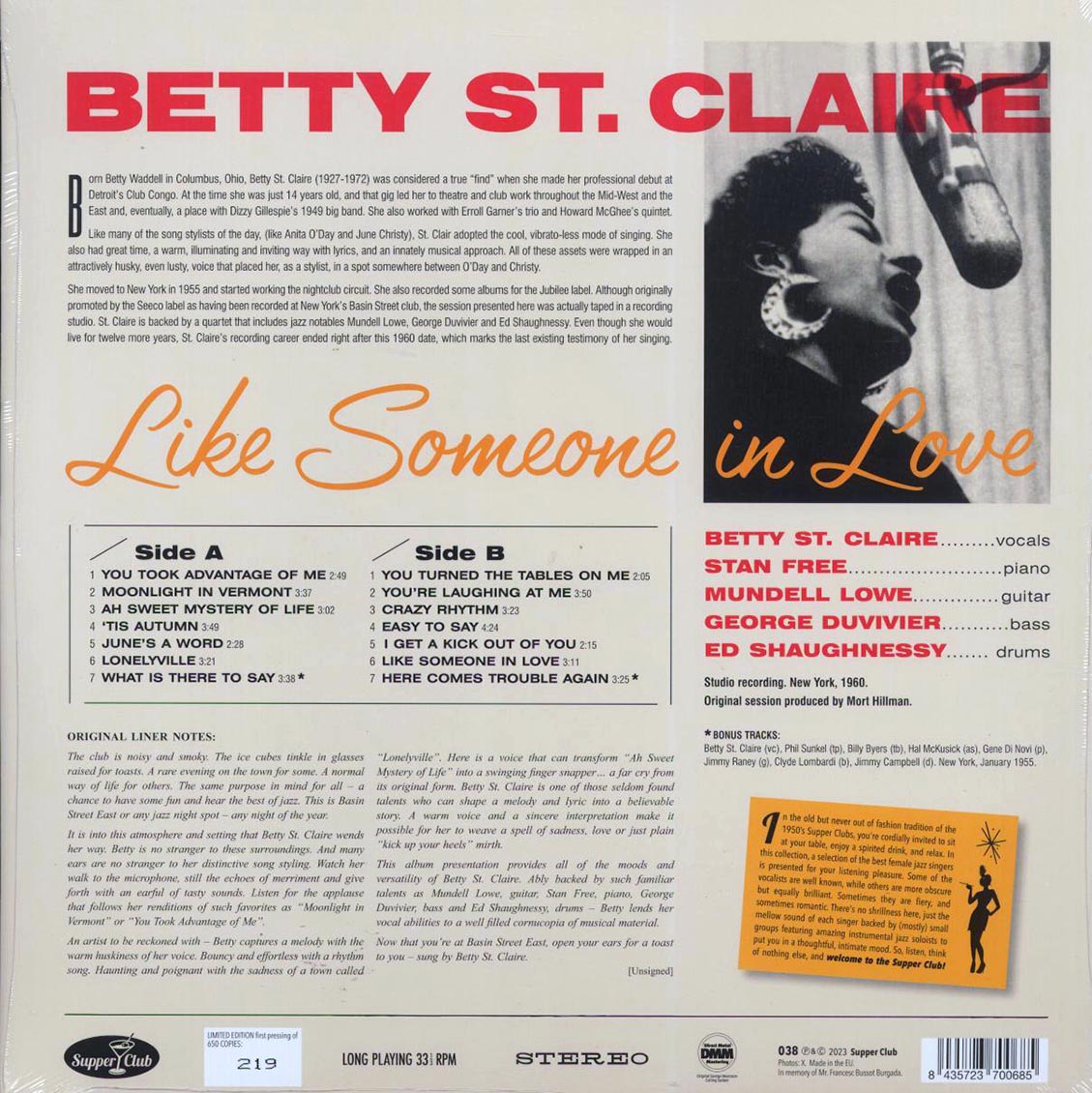 Betty St. Claire - Like Someone In Love (+2 bonus tracks) (ltd. ed.) (180g) vinyl LP back cover