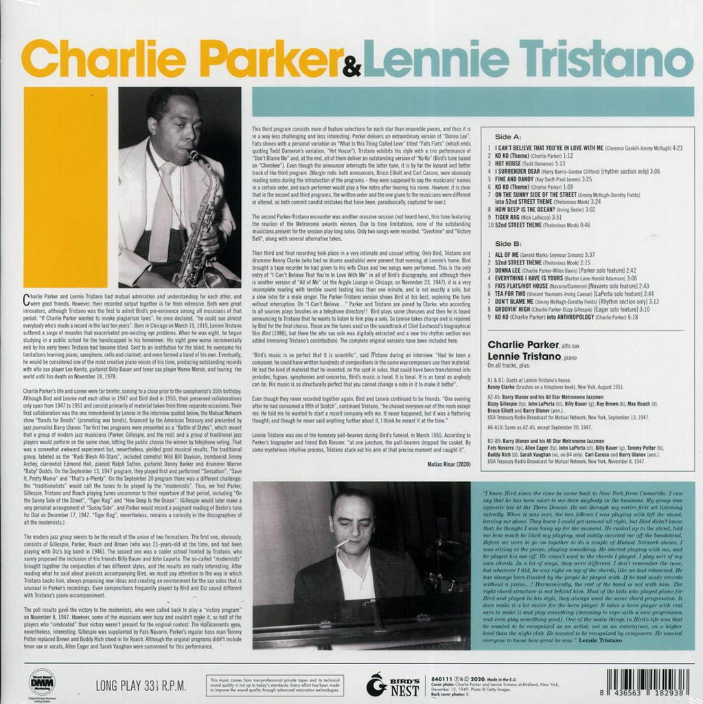 Charlie Parker, Lennie Tristano - Charlie Parker & Lennie Tristano (ltd. ed.) (180g) (blue vinyl) vinyl LP back cover