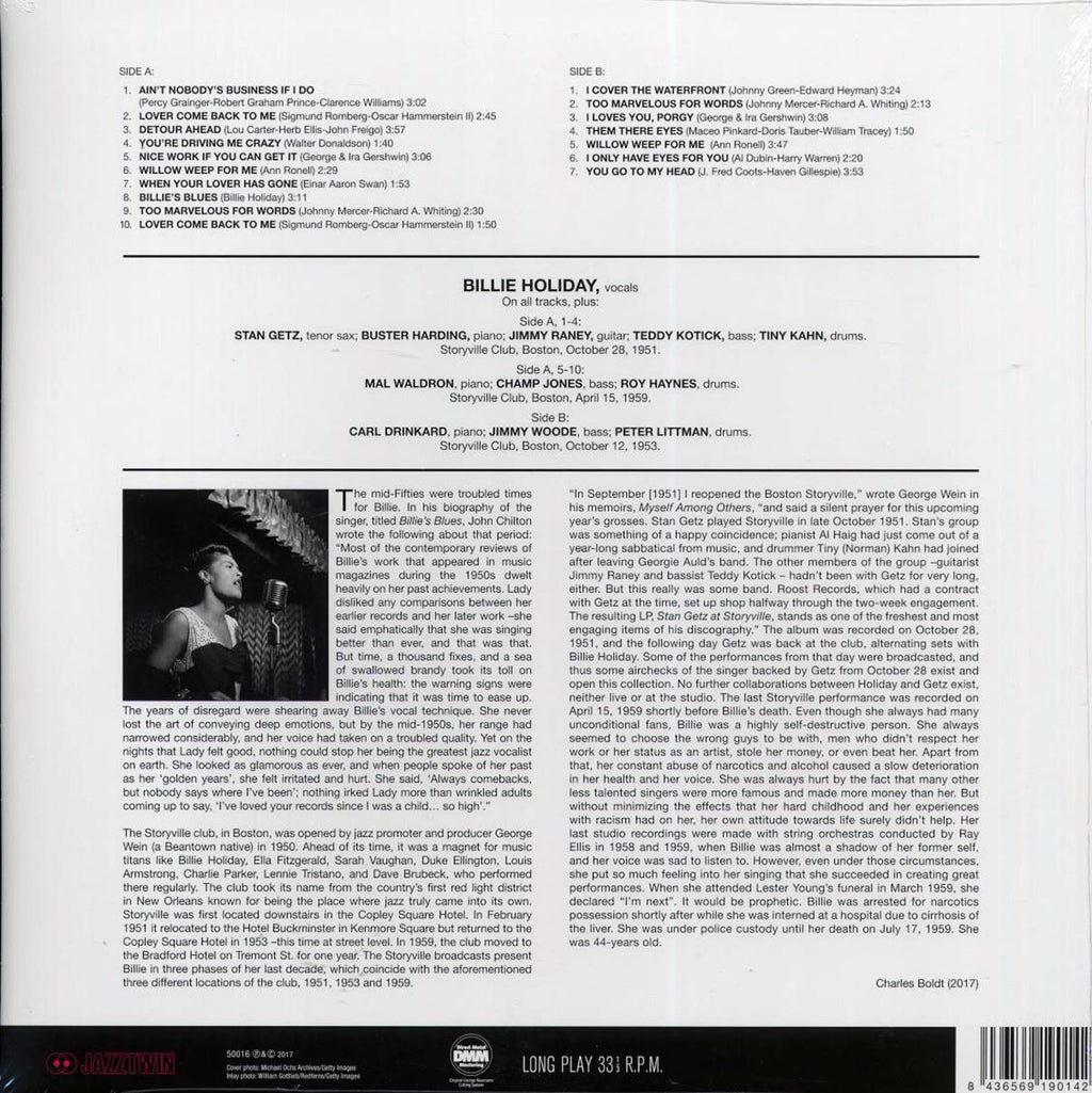 Billie Holiday - Billie Holiday At Storyville Featuring Stan Getz (ltd. ed.) (180g) (remastered) vinyl LP back cover