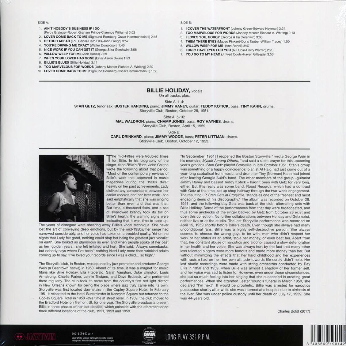Billie Holiday - Billie Holiday At Storyville Featuring Stan Getz (ltd. ed.) (180g) (remastered) vinyl LP back cover