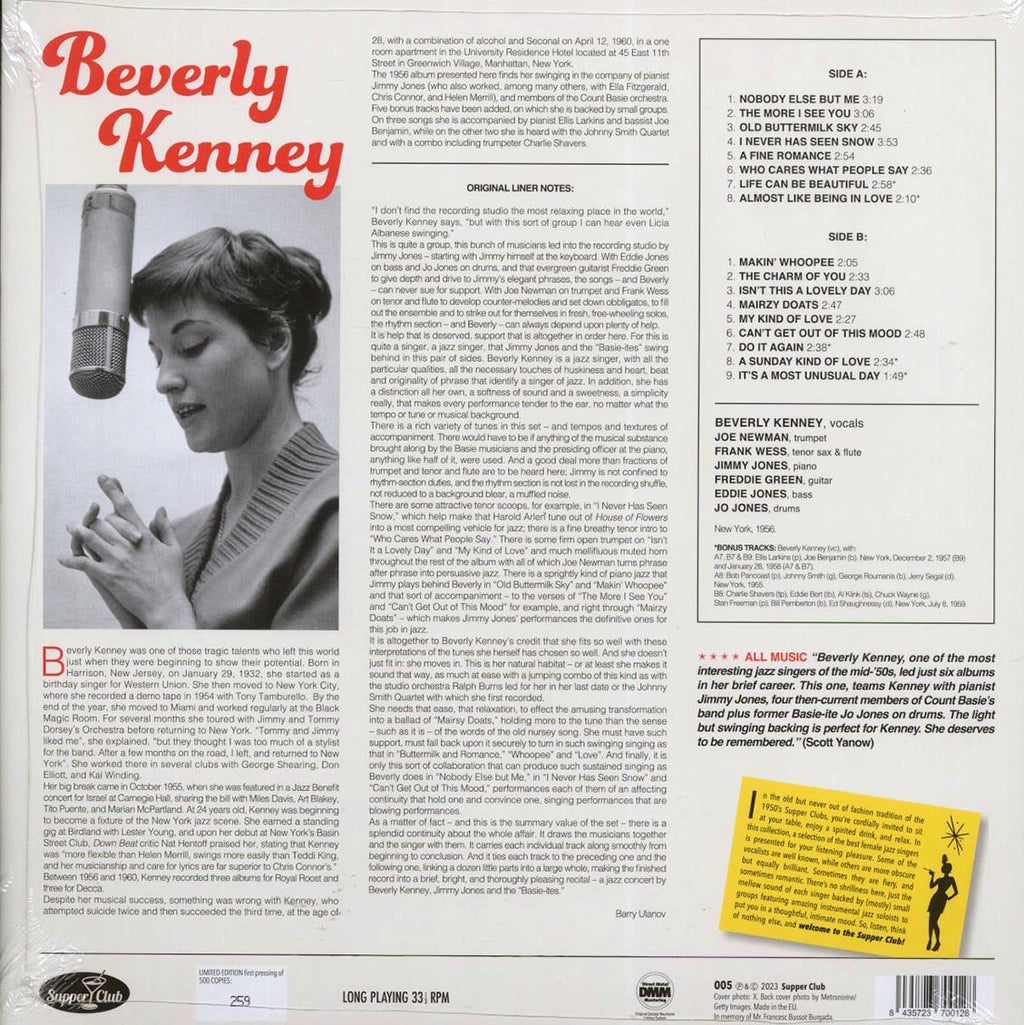 Beverly Kenney - With The Basie-Ites (+5 bonus tracks) (ltd. ed.) (180g) vinyl LP back cover