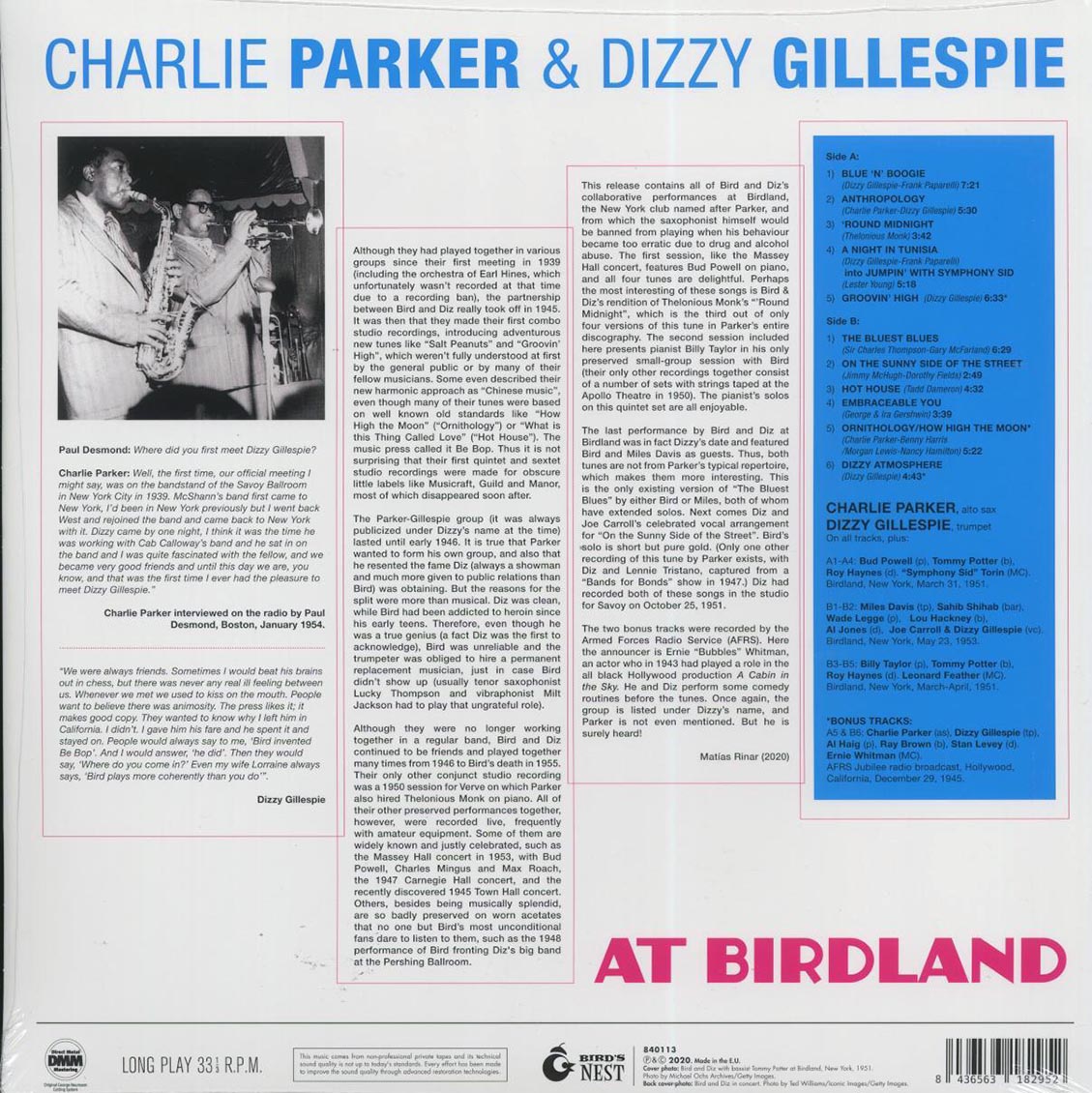 Charlie Parker, Dizzy Gillespie - At Birdland (+2 bonus tracks) (ltd. ed.) (180g) (orange vinyl) vinyl LP back cover