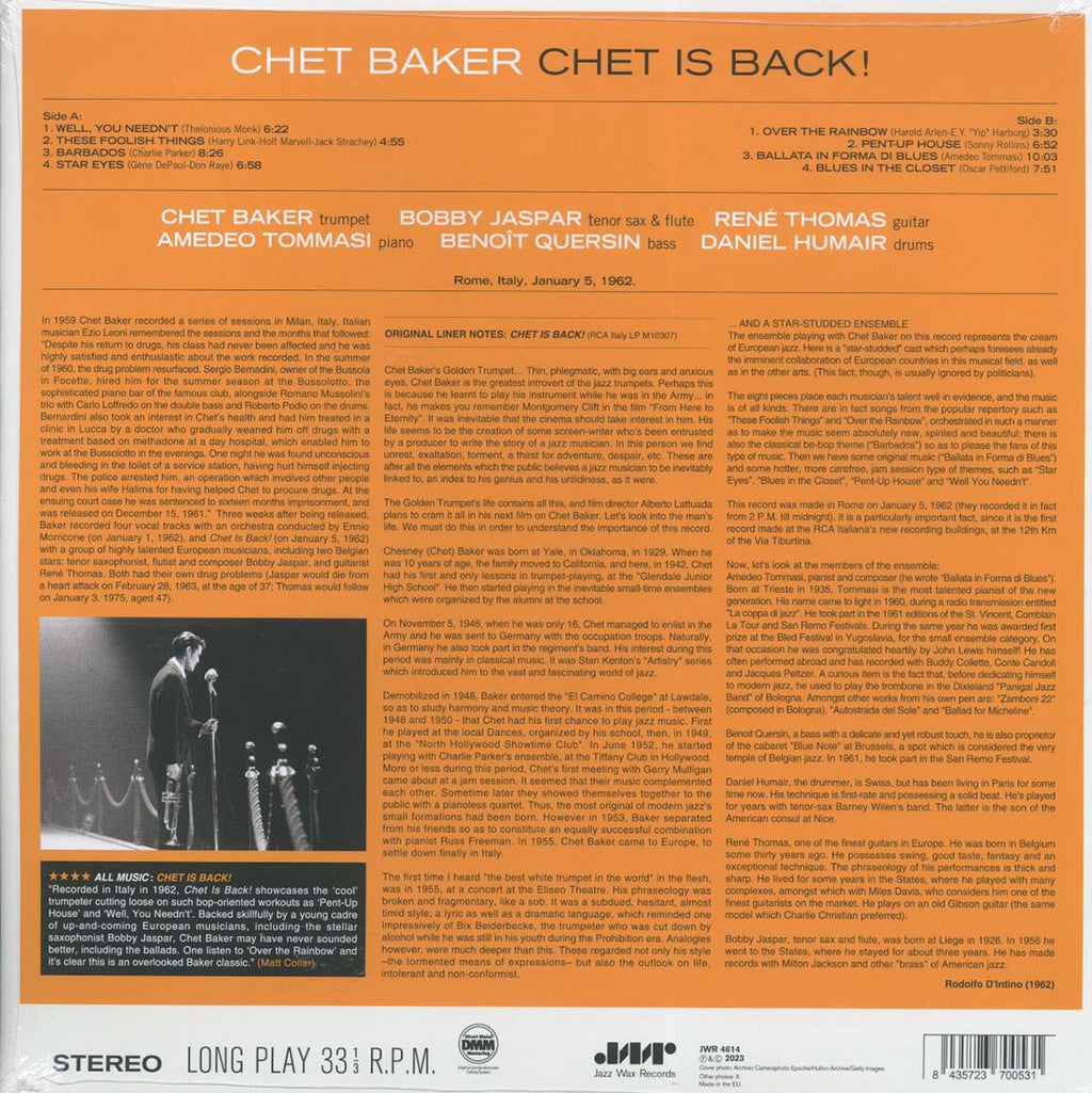 Chet Baker - Chet is Back! (ltd. ed.) (180g) (remastered) vinyl LP back cover