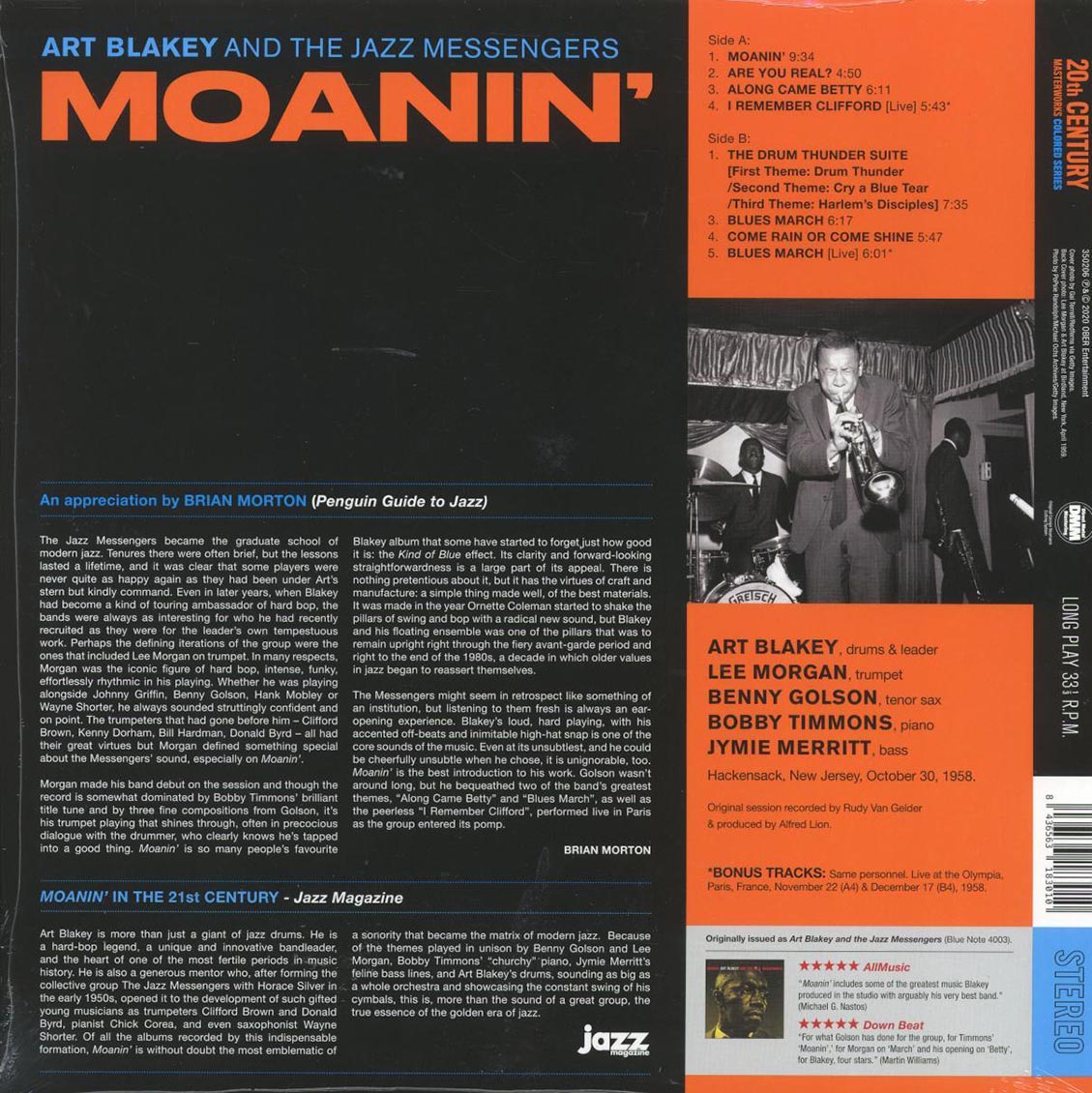Art Blakey & The Jazz Messengers - Moanin' (+2 bonus tracks) (ltd. ed.) (180g) (red vinyl) vinyl LP back cover