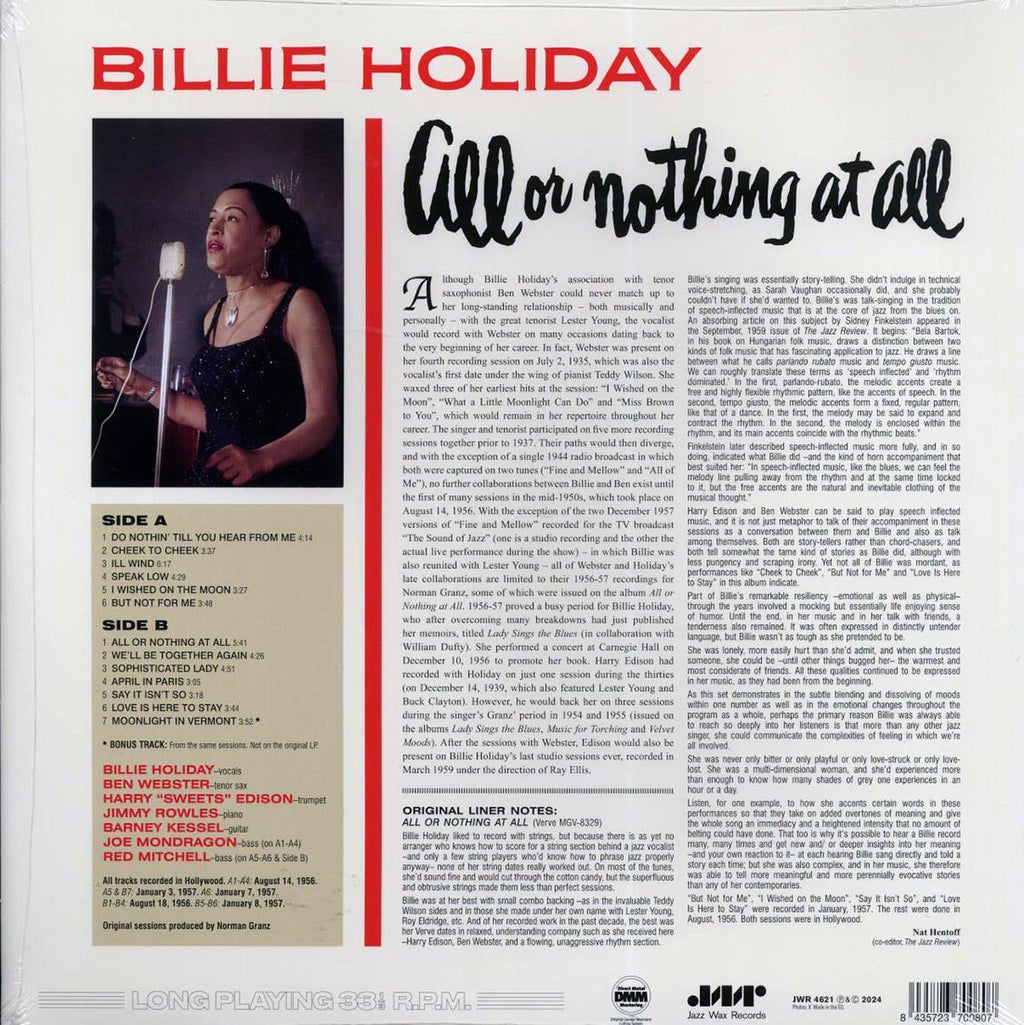 Billie Holiday - All Or Nothing At All (+bonus track) (ltd. ed.) (180g) vinyl LP back cover