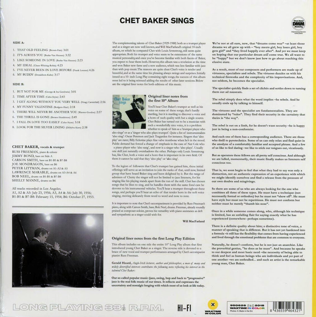 Chet Baker - Sings (ltd. ed.) (180g) (yellow vinyl) vinyl LP back cover