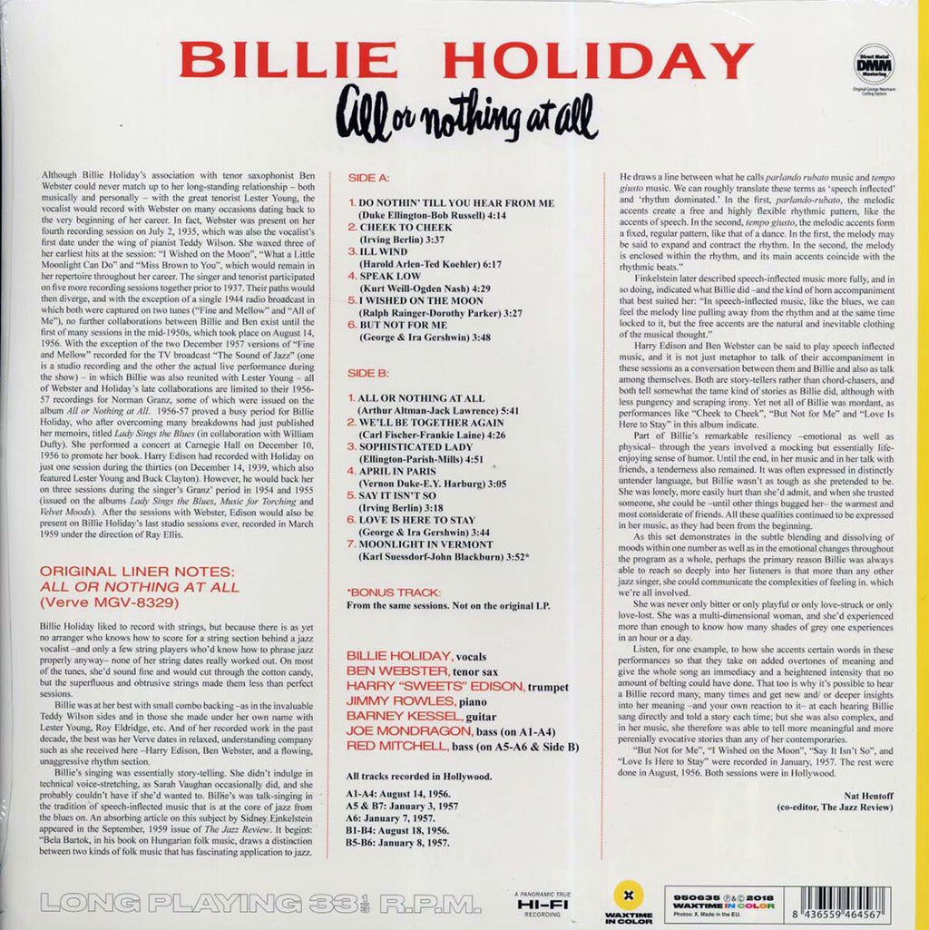 Billie Holiday - All Or Nothing At All (ltd. ed.) (180g) (yellow vinyl) (incl. book) vinyl LP back cover