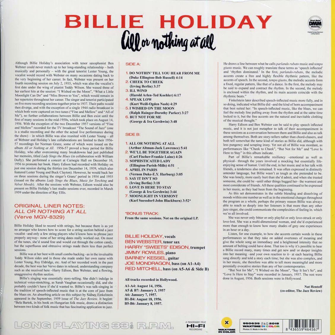 Billie Holiday - All Or Nothing At All (ltd. ed.) (180g) (yellow vinyl) (incl. book) vinyl LP back cover