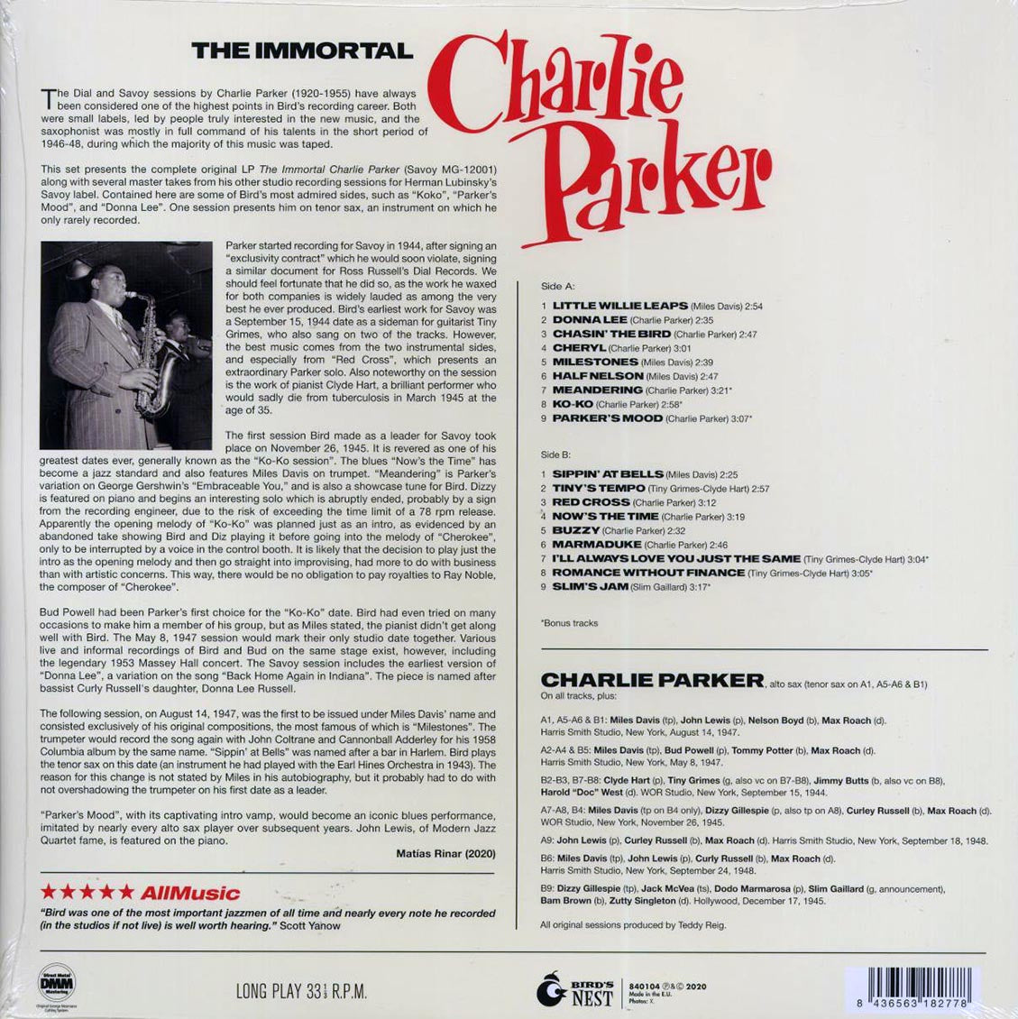 Charlie Parker - The Immortal (+6 bonus tracks) (ltd. ed.) (180g) (green vinyl) vinyl LP back cover