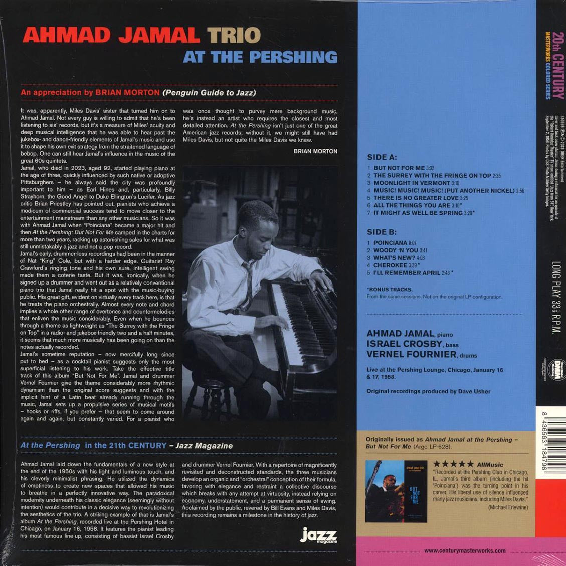 Ahmad Jamal Trio - At The Pershing (+4 bonus tracks) (ltd. ed.) (180g) (blue vinyl) vinyl LP back cover