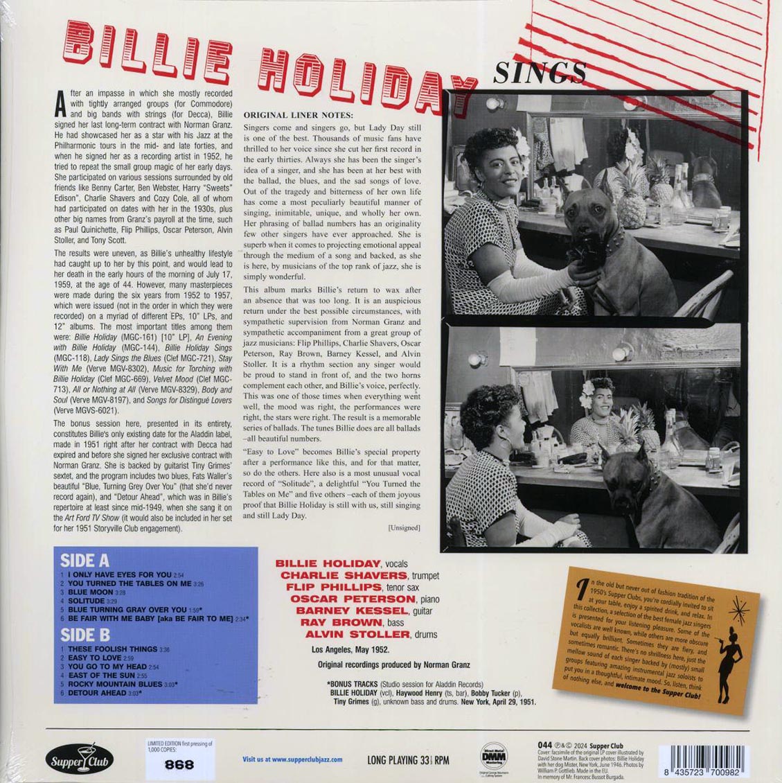 Billie Holiday - Sings (+4 bonus tracks) (ltd. ed.) (180g) vinyl LP back cover