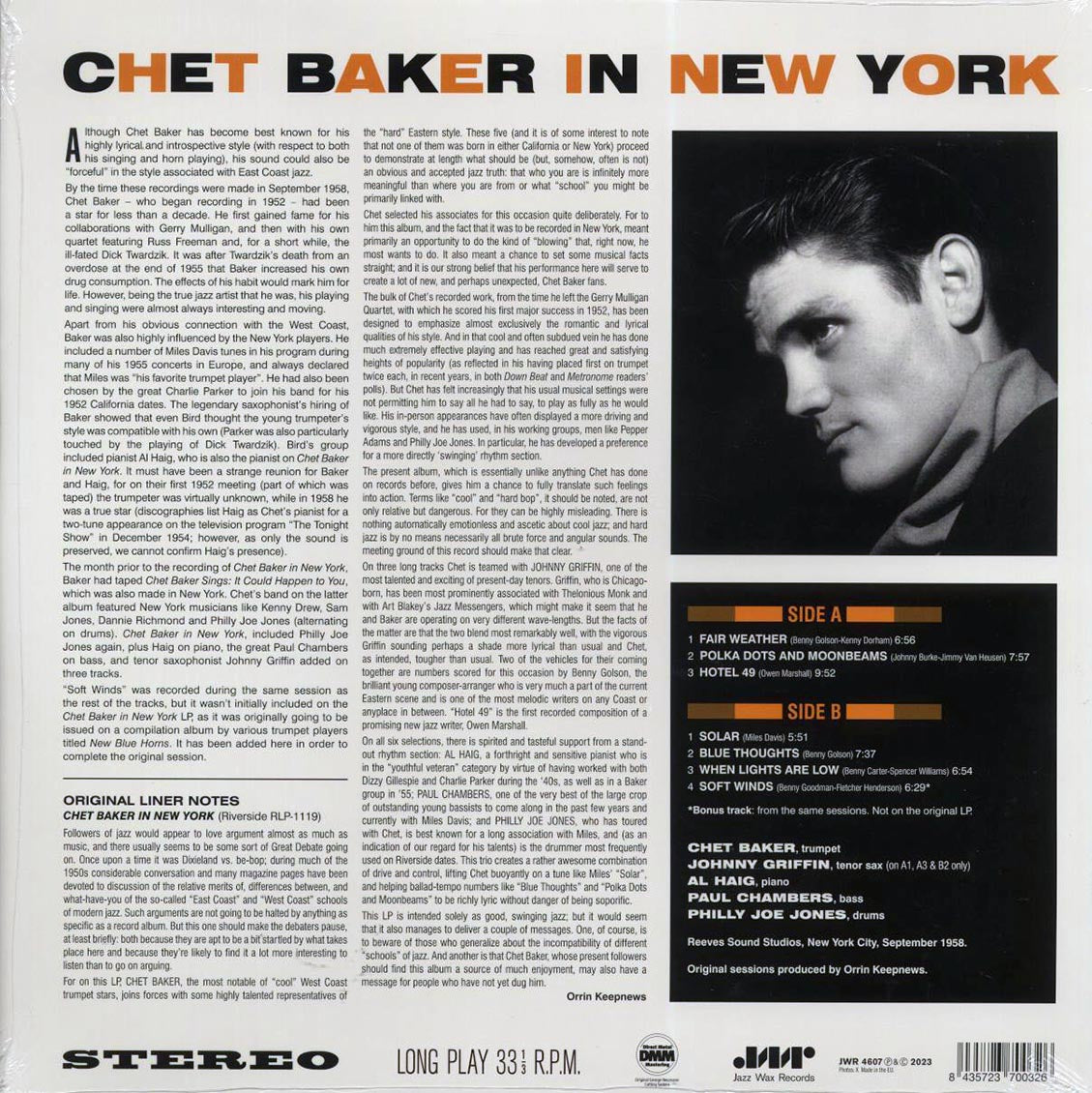 Chet Baker - In New York (+bonus track) (ltd. ed.) (180g) vinyl LP back cover