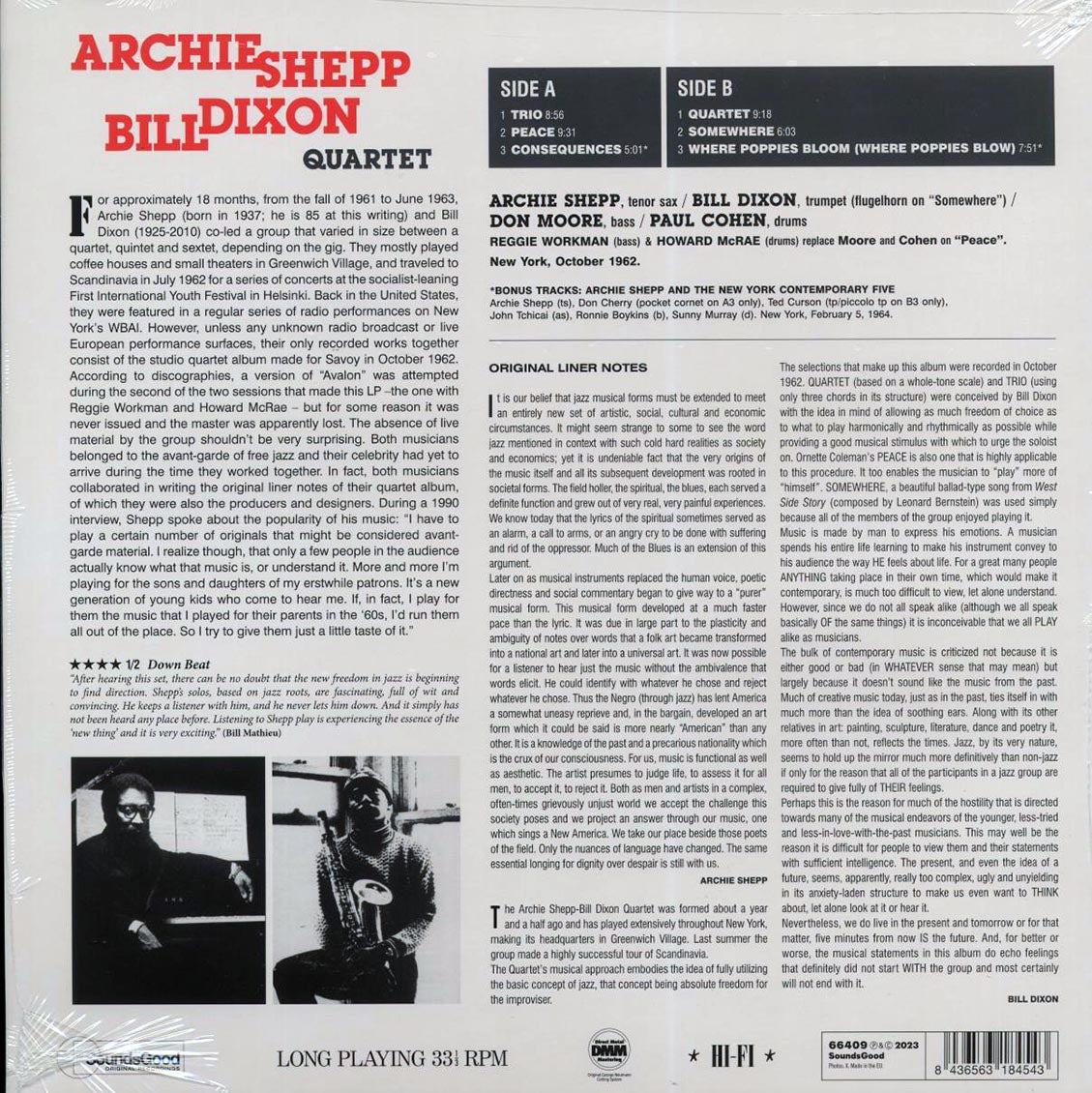 Archie Shepp-Bill Dixon Quartet - Archie Shepp-Bill Dixon Quartet (+2 bonus tracks) (mono) (ltd. ed.) (180g) vinyl LP back cover