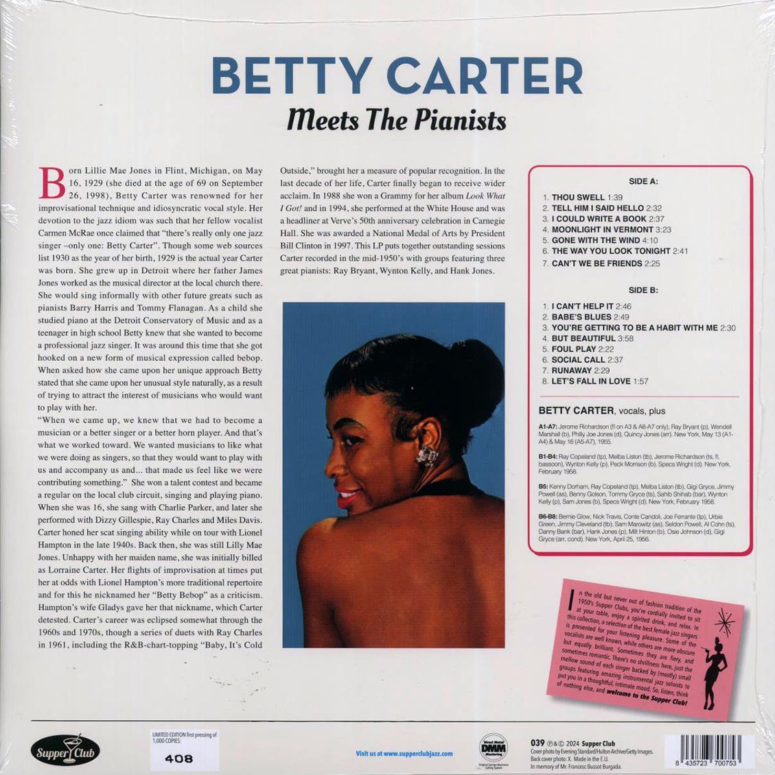 Betty Carter - Meets The Pianists Ray Bryant, Wynton Kelly, Hank Jones (ltd. ed.) (180g) vinyl LP back cover