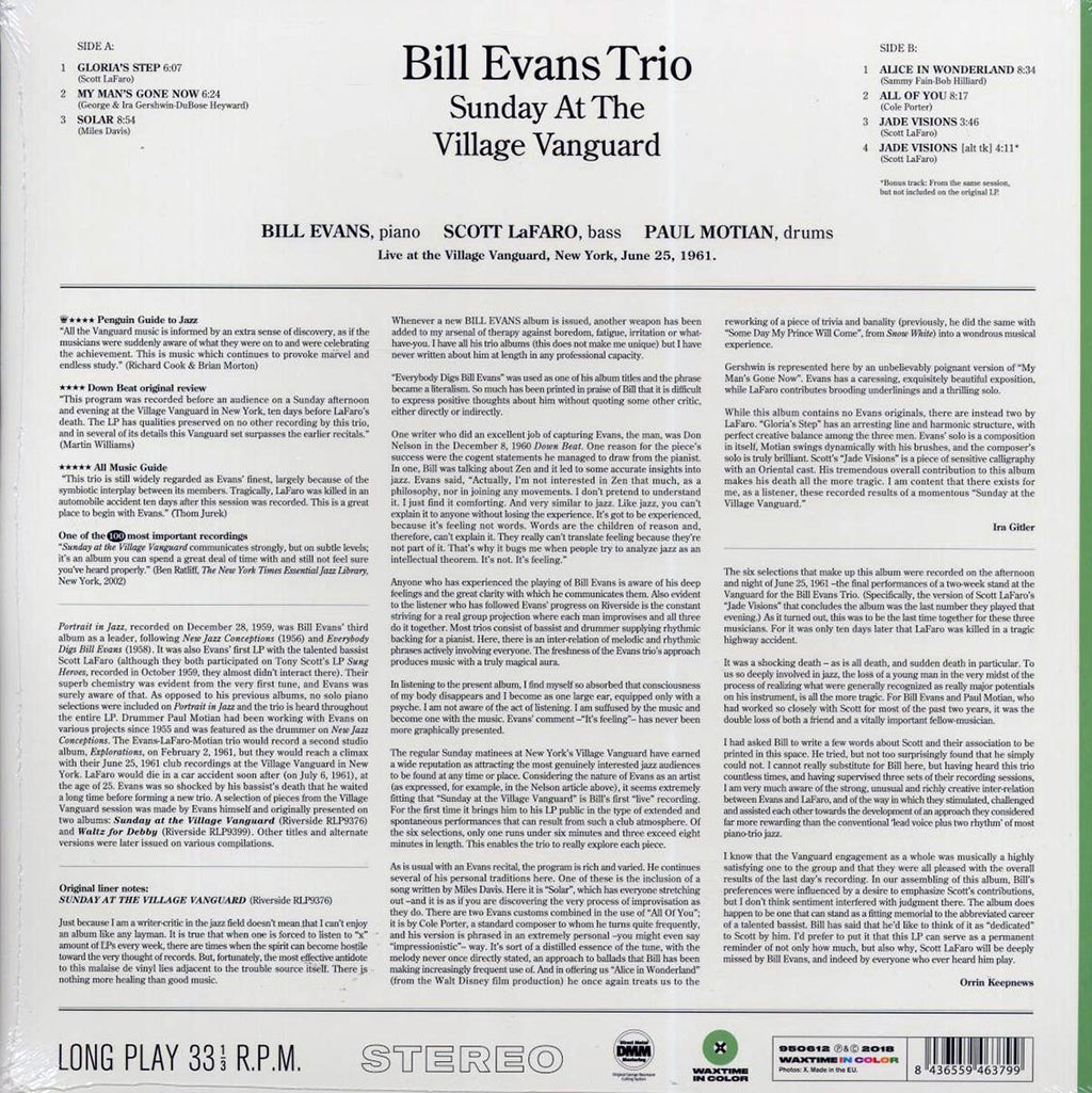 Bill Evans Trio - Sunday At The Village Vanguard (+bonus track) (ltd. ed.) (180g) (green vinyl) vinyl LP back cover