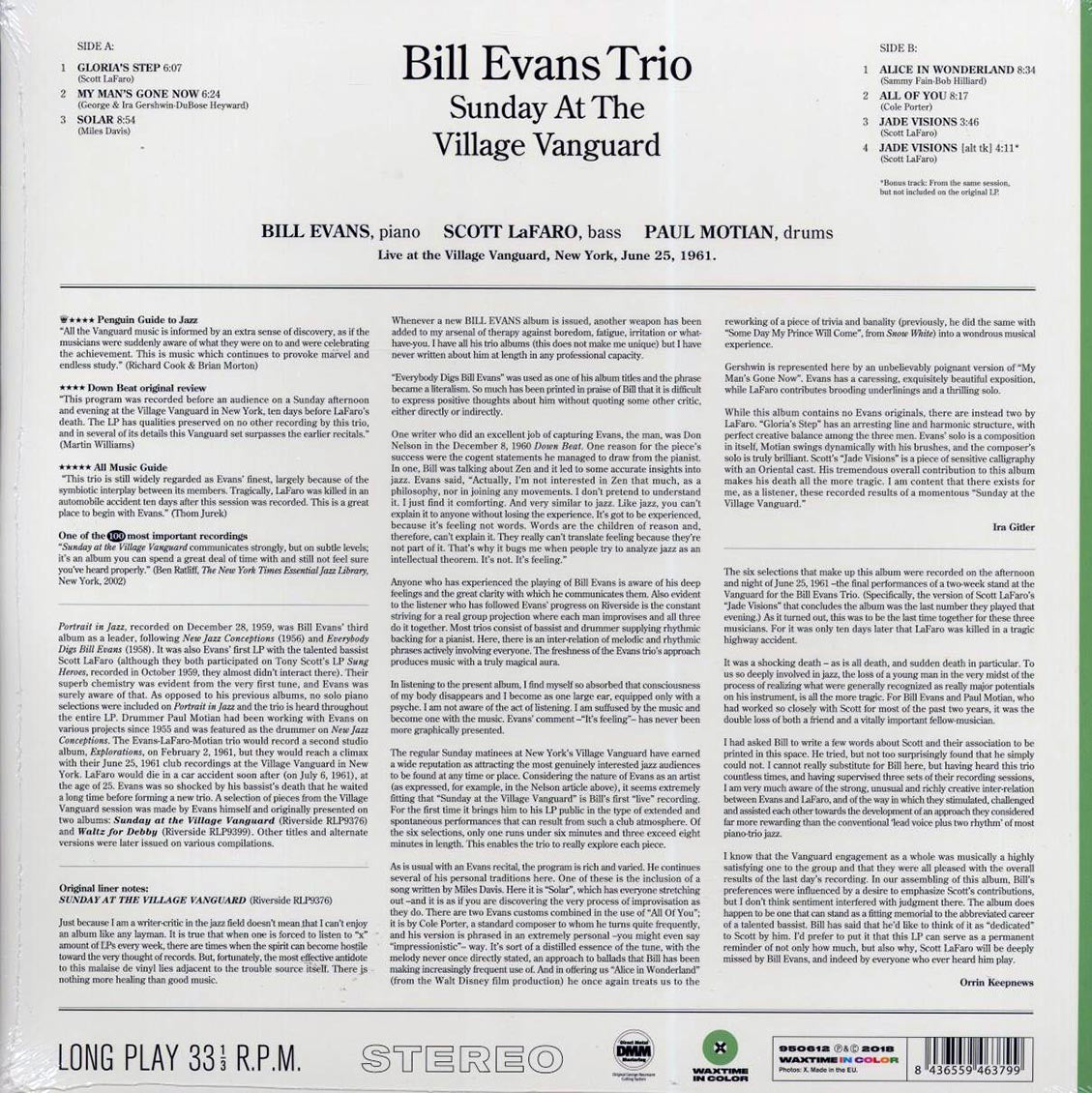 Bill Evans Trio - Sunday At The Village Vanguard (+bonus track) (ltd. ed.) (180g) (green vinyl) vinyl LP back cover