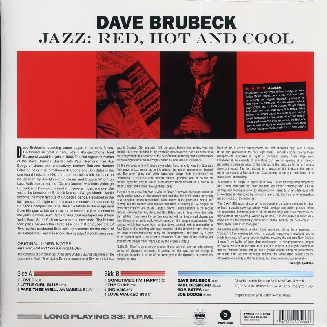 Dave Brubeck Quartet - Jazz: Red Hot And Cool (ltd. ed.) (180g) vinyl LP back cover