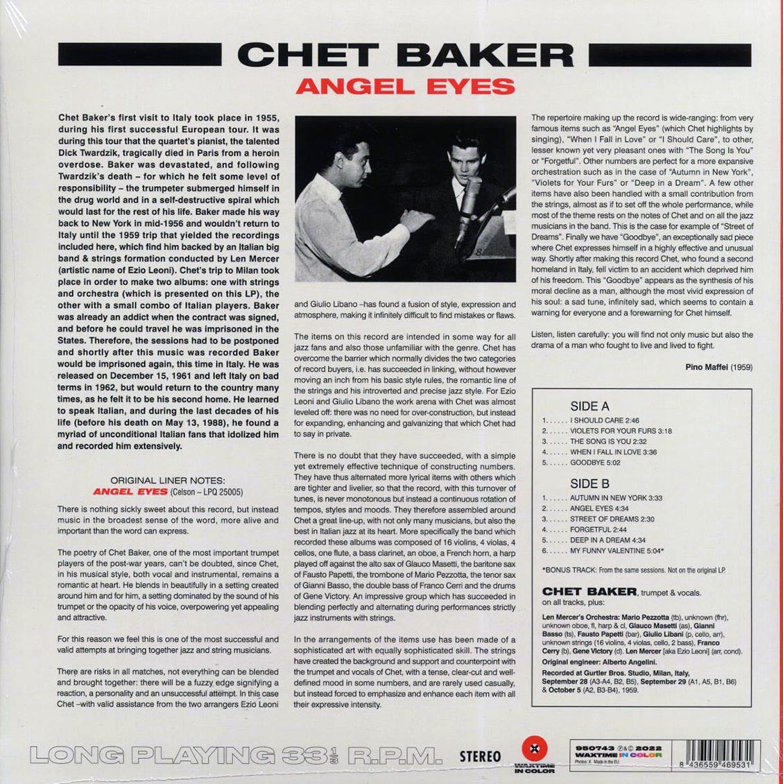 Chet Baker, Len Mercer & His Orchestra - Sings And Plays With Len Mercer And His Orchestra: Angel Eyes (+bonus track) (ltd. ed.) (180g) (red vinyl) vinyl LP back cover