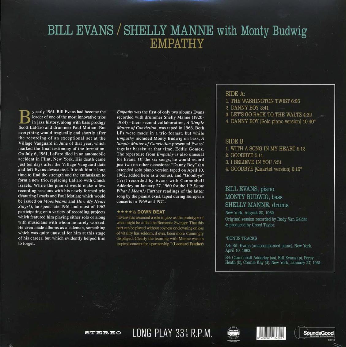 Bill Evans, Shelly Manne, Monty Budwig - Empathy (+2 bonus tracks) (ltd. ed.) (180g) vinyl LP back cover