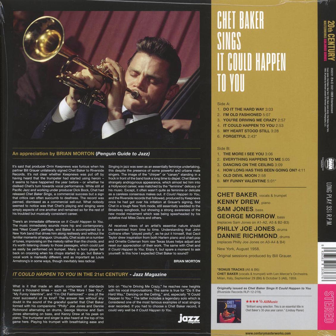 Chet Baker - Sings It Could Happen To You (+2 bonus tracks) (ltd. ed.) (180g) (yellow vinyl) vinyl LP back cover