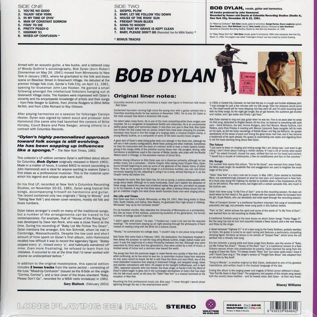 Bob Dylan - Bob Dylan (+2 bonus tracks) (ltd. ed.) (180g) (purple vinyl) vinyl LP back cover