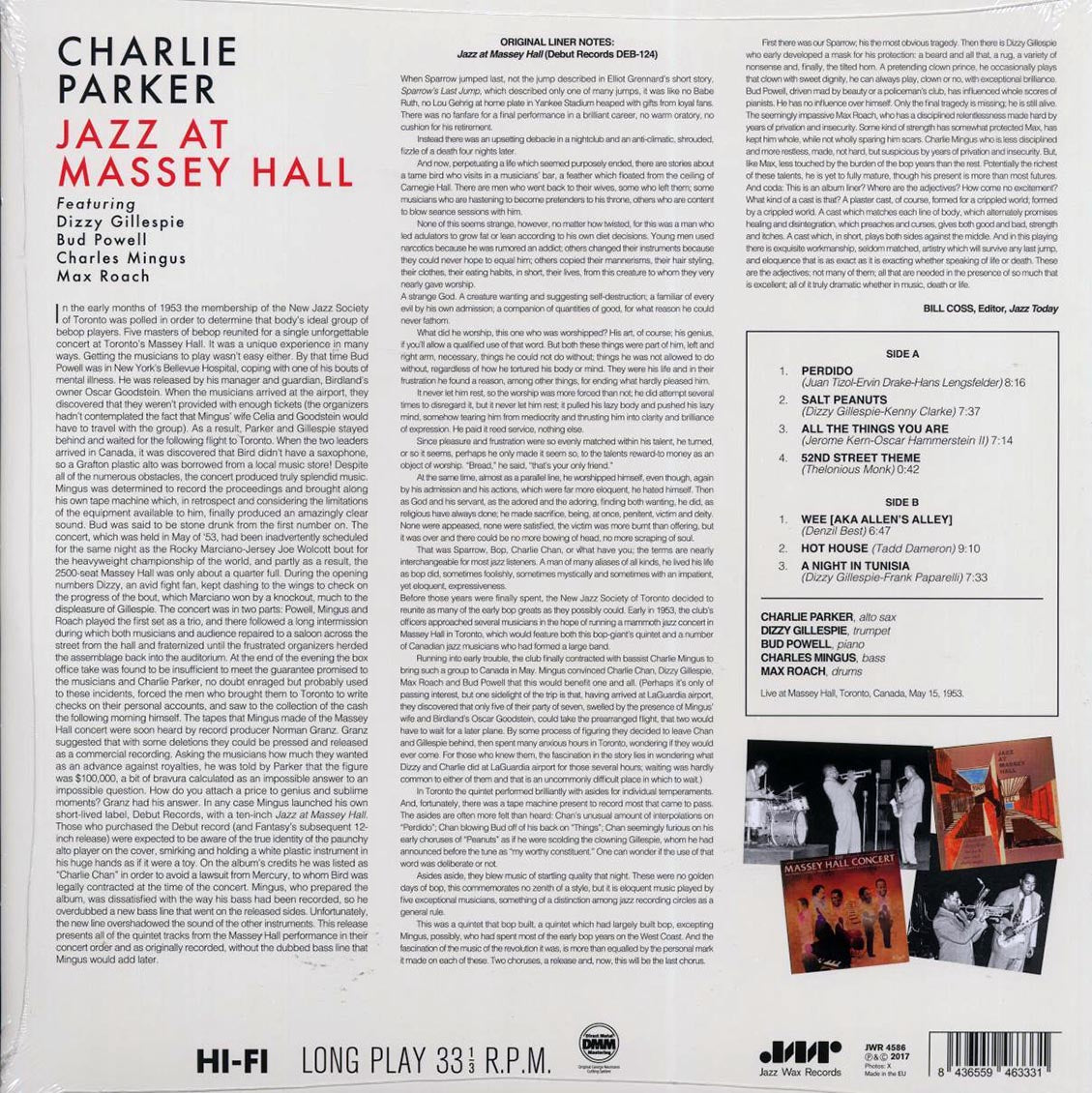 Charlie Parker, Dizzy Gillespie, Bud Powell, Charles Mingus, Max Roach - Jazz At Massey Hall (ltd. ed.) (180g) (remastered) vinyl LP back cover
