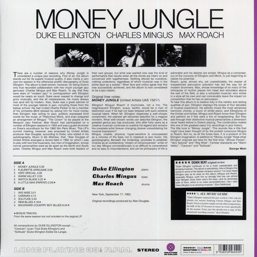 Duke Ellington, Charlie Mingus, Max Roach - Money Jungle (+4 bonus tracks) (ltd. ed.) (180g) (purple vinyl) vinyl LP back cover