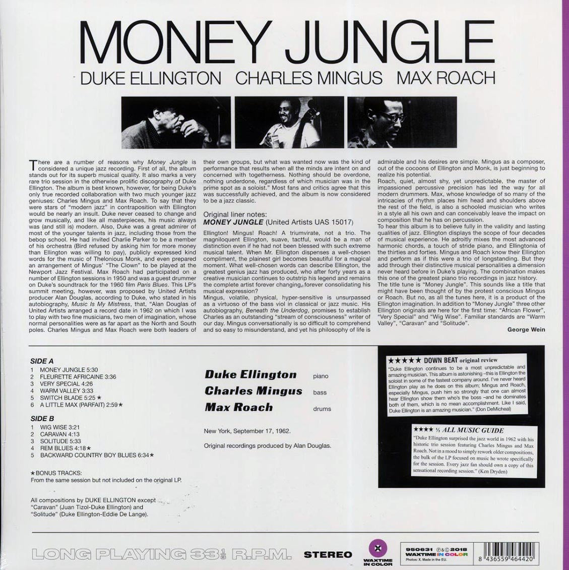 Duke Ellington, Charlie Mingus, Max Roach - Money Jungle (+4 bonus tracks) (ltd. ed.) (180g) (purple vinyl) vinyl LP back cover