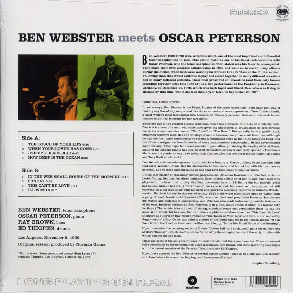 Ben Webster, Oscar Peterson - Ben Webster Meets Oscar Peterson (+bonus track) (ltd. ed.) (180g) vinyl LP back cover