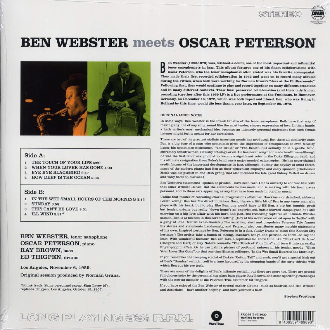 Ben Webster, Oscar Peterson - Ben Webster Meets Oscar Peterson (+bonus track) (ltd. ed.) (180g) vinyl LP back cover