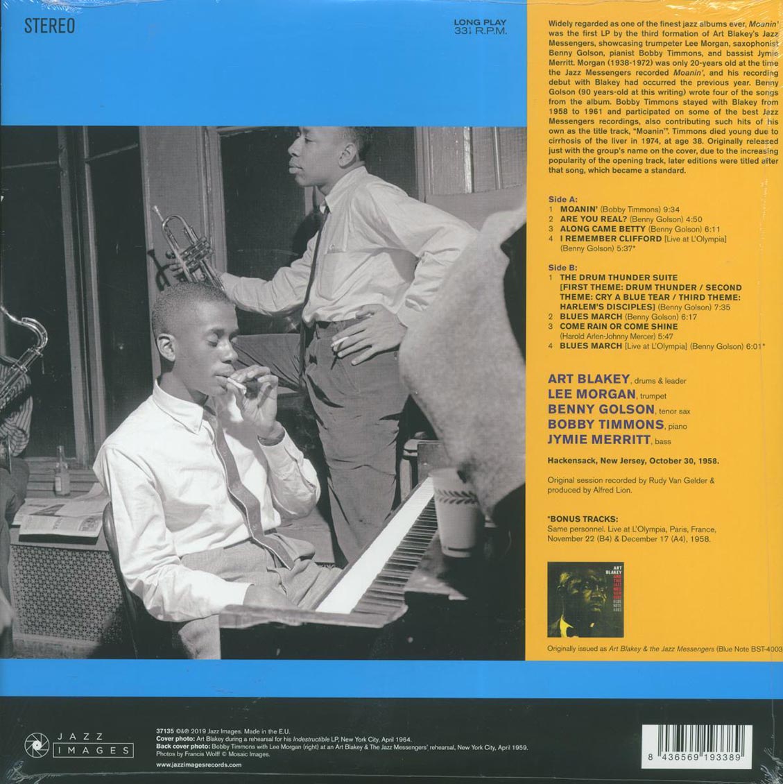 Art Blakey & The Jazz Messengers - Moanin’ (+2 bonus tracks) (ltd. ed.) (180g) vinyl LP back cover