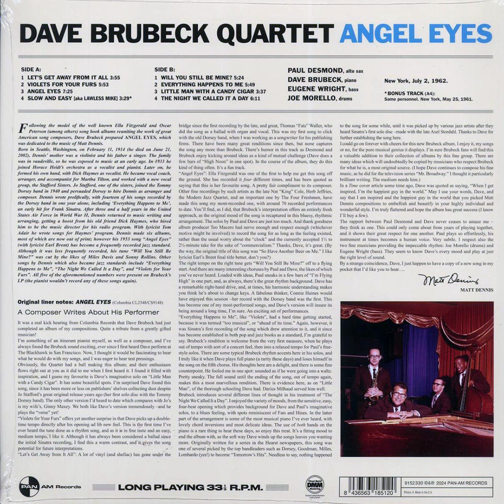 Dave Brubeck Quartet - Angel Eyes (+2 bonus tracks) (ltd. ed.) (180g) vinyl LP back cover