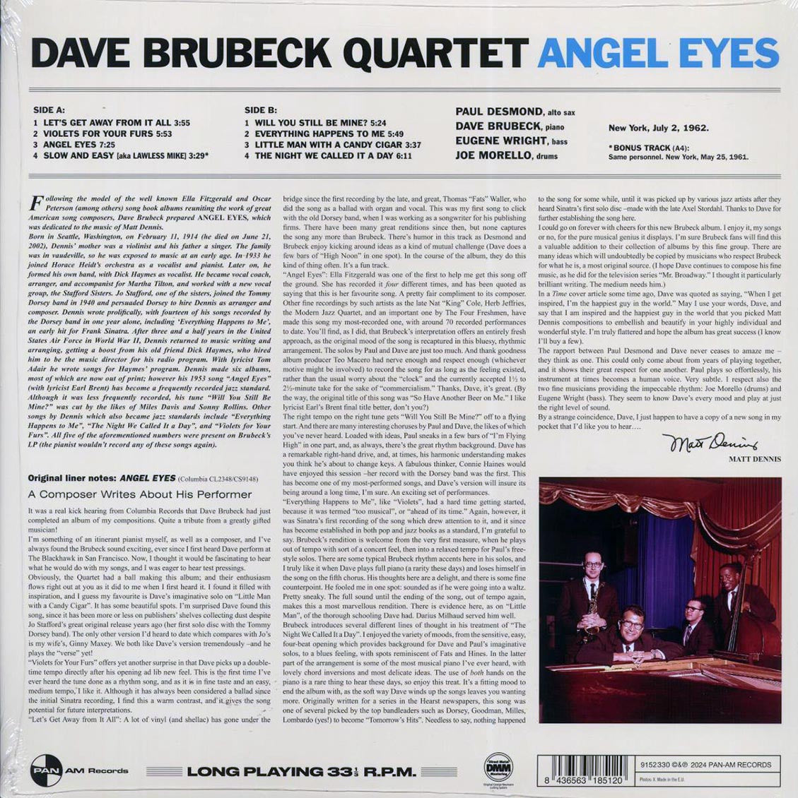 Dave Brubeck Quartet - Angel Eyes (+2 bonus tracks) (ltd. ed.) (180g) vinyl LP back cover