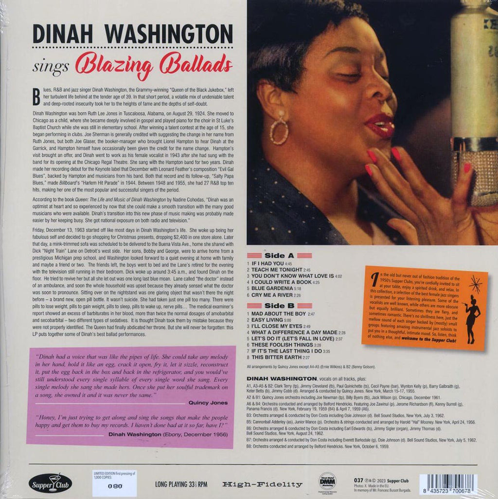 Dinah Washington - Sings Blazing Ballads (ltd. ed.) (180g) vinyl LP back cover