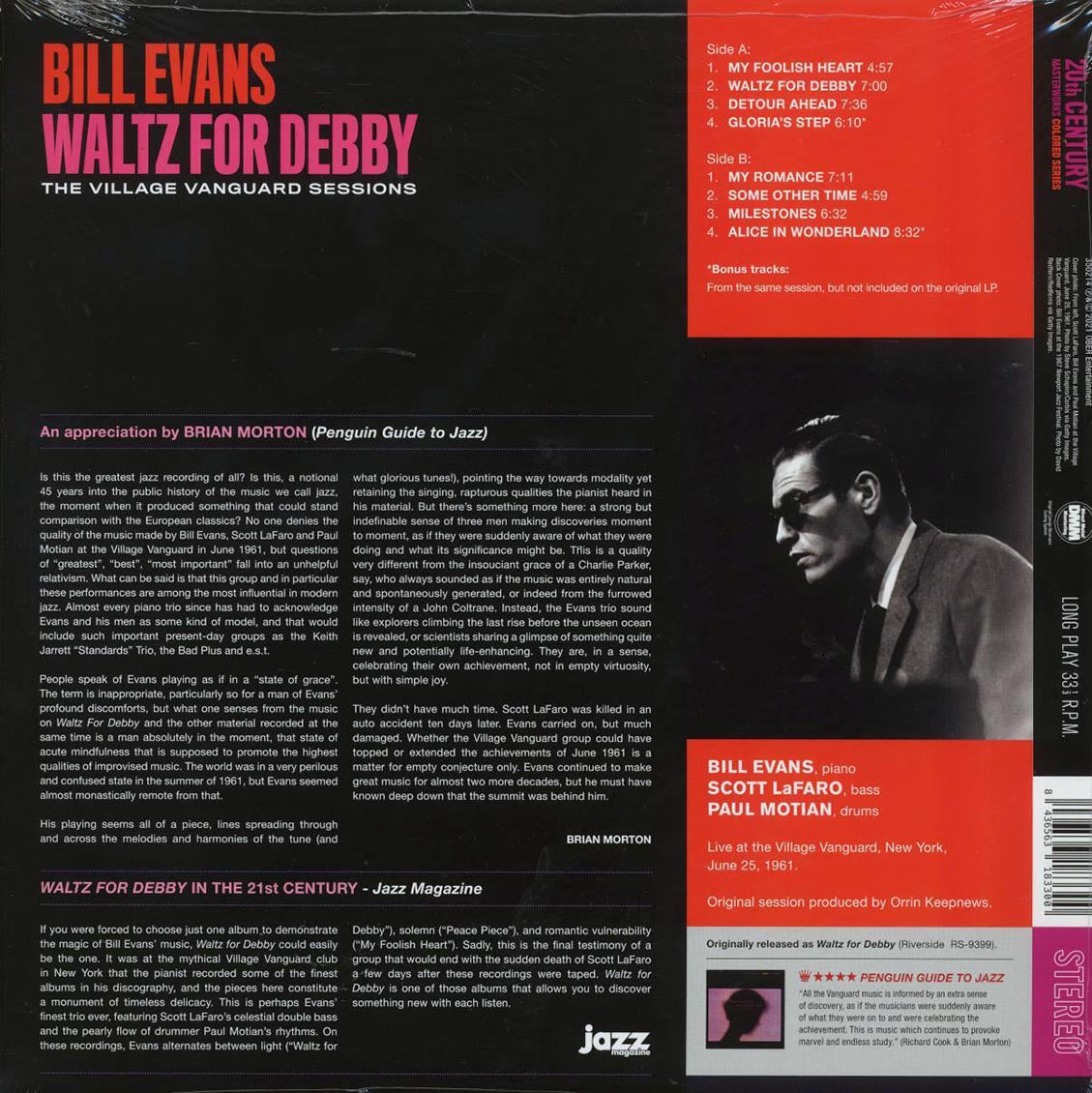 Bill Evans - Waltz For Debby: The Village Vanguard Sessions (+2 bonus tracks) (ltd. ed.) (180g) (red vinyl) vinyl LP back cover
